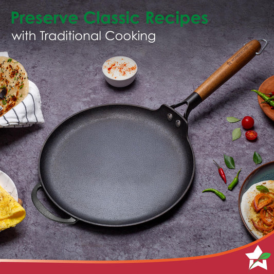Wonderchef Ferro Light-Weight Cast-Iron Dosa Tawa | 30cm | Pre-Seasoned with 100% Vegetable Oil | 40% Lighter Than Regular Cast-Iron Cookware | Cool-Touch Real Acacia Wood Handles | 10-Year Warranty
