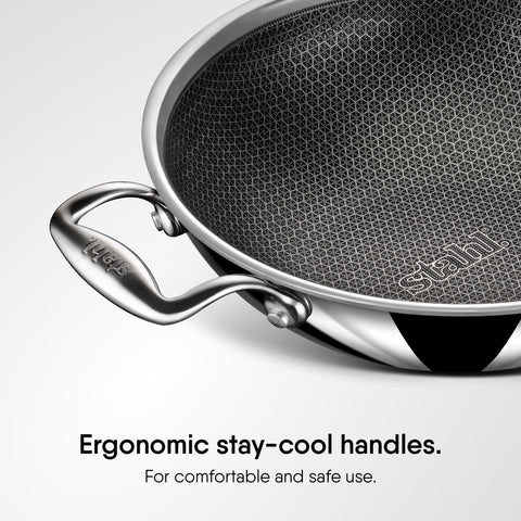 Stahl Artisan Hybrid Triply Non Stick Kadai with Lid 4.4 L, 28 cm, Stainless Steel Kadai for Cooking, Triply Kadhai Metal Spatula Friendly, Induction & Gas Stove Compatible
