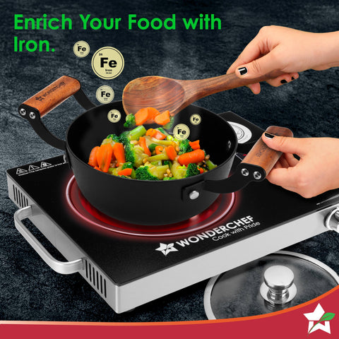 Wonderchef Ferro Light-Weight Cast-Iron Casserole & Glass Lid, 24cm, 40% Lighter, Pre-Seasoned with 100% Vegetable Oil, Chemical-Free, Induction-Friendly, Long Cool-Touch Wood Handles, 10-Yr Warranty