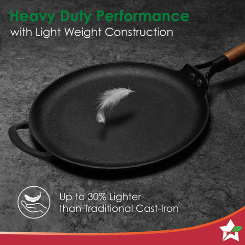 Wonderchef Ferro Light-Weight Cast-Iron Dosa Tawa | 30cm | Pre-Seasoned with 100% Vegetable Oil | 40% Lighter Than Regular Cast-Iron Cookware | Cool-Touch Real Acacia Wood Handles | 10-Year Warranty