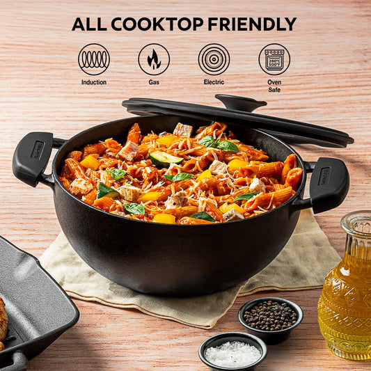 TRAMONTINA TITANEX 30cm/6.8L Pre-Seasoned Heritage Cast Iron Deep Kadai with Toughened Glass Lid | Snap-On Silicone Grips | Kadhai for Curry | Gas/Induction Cookware | Life-Time Warranty