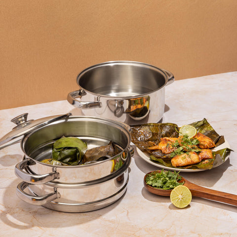 Vinod Stainless Steel 3-Tier Steamer with Glass Lid, 18 cm | Multi-Purpose Steamer for Momos, Modaks, Vegetables & More | Riveted Handles | Induction & Gas Base | 2 Yr Warranty