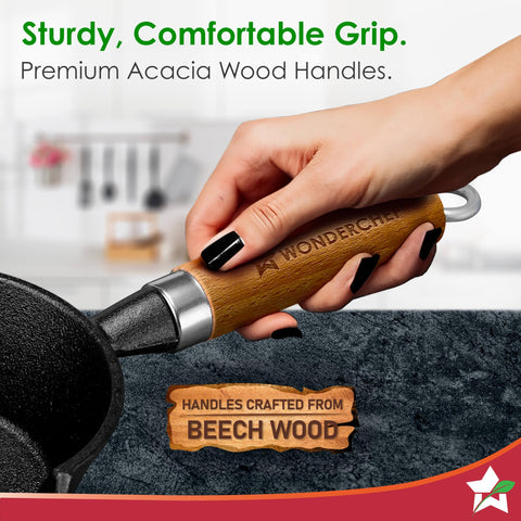 Wonderchef Ferro Light-Weight Cast-Iron Tadka Pan for Tempering, 40% Lighter, Pre-Seasoned with 100% Vegetable Oil, Chemical-Free, Induction-Friendly, Long Cool-Touch Wood Handles, 10-Yr Warranty