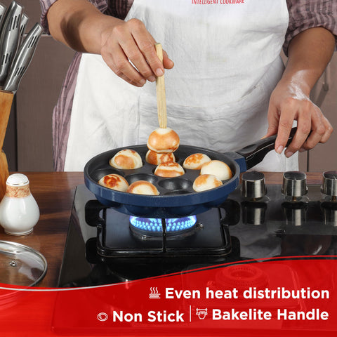 Vinod Zest Non-Stick Paniyarakkal with Glass Lid, 22 cm Diameter | 3-Layer Coating | Metal Spoon Friendly | PFOA-Free | Gas Stove Compatible | 1 Year Warranty