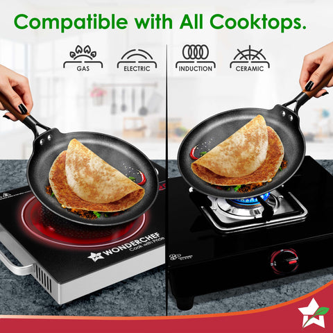 Wonderchef Ferro Light-Weight Cast-Iron Dosa Tawa, 26cm, 40% Lighter, Pre-Seasoned with 100% Vegetable Oil, Non-Toxic, Chemical-Free, Induction-Friendly, Long Cool-Touch Wood Handles, 10-Yr Warranty