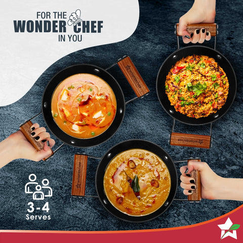 Wonderchef Ferro Light-Weight Cast-Iron Kadhai | 20cm | Pre-Seasoned with 100% Vegetable Oil | 40% Lighter Than Regular Cast-Iron Cookware | Cool-Touch Real Acacia Wood Handles | 10-Year Warranty