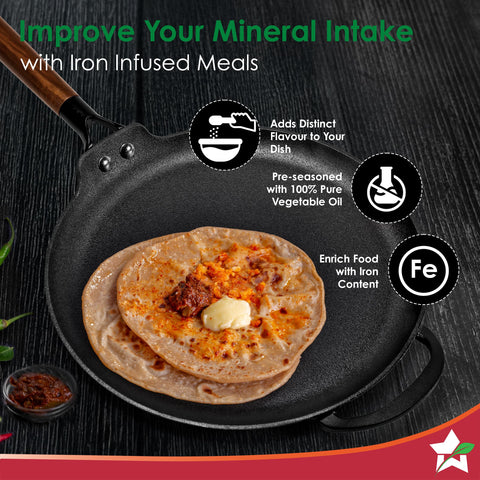 Wonderchef Ferro Light-Weight Cast-Iron Dosa Tawa | 30cm | Pre-Seasoned with 100% Vegetable Oil | 40% Lighter Than Regular Cast-Iron Cookware | Cool-Touch Real Acacia Wood Handles | 10-Year Warranty