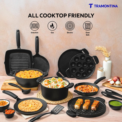 TRAMONTINA Titanex 26 cm Pre-Seasoned Cast Iron Paniyaram/Appe Pan – 12 Pits | Non-Toxic | Induction Ready | Toughned Glass Lid | Snap-on Cool Touch Grips | Superior Heat Retention.