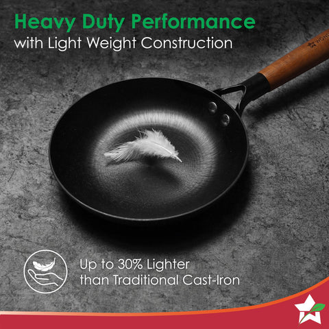 Wonderchef Pre-Seasoned Ferro Light 20cm Cast Iron Fry Pan | 800 ml | Acacia Wooden Handles | Gravity Moulding Technology | No Chemical Coating | 10 Year Warranty