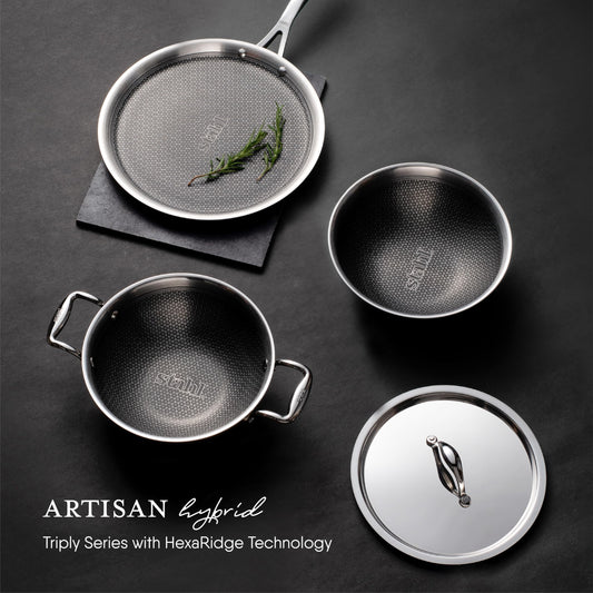 Stahl Artisan Hybrid Triply Non Stick Kadai with Lid 2.4 L, 24 cm, Stainless Steel Kadai for Cooking, Triply Kadhai Metal Spatula Friendly, Induction & Gas Stove Compatible,