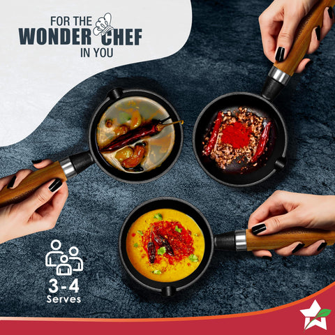 Wonderchef Ferro Light-Weight Cast-Iron Tadka Pan for Tempering, 40% Lighter, Pre-Seasoned with 100% Vegetable Oil, Chemical-Free, Induction-Friendly, Long Cool-Touch Wood Handles, 10-Yr Warranty