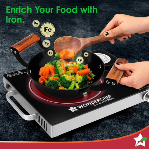 Wonderchef Ferro Light-Weight Cast-Iron Kadhai | 20cm | Pre-Seasoned with 100% Vegetable Oil | 40% Lighter Than Regular Cast-Iron Cookware | Cool-Touch Real Acacia Wood Handles | 10-Year Warranty