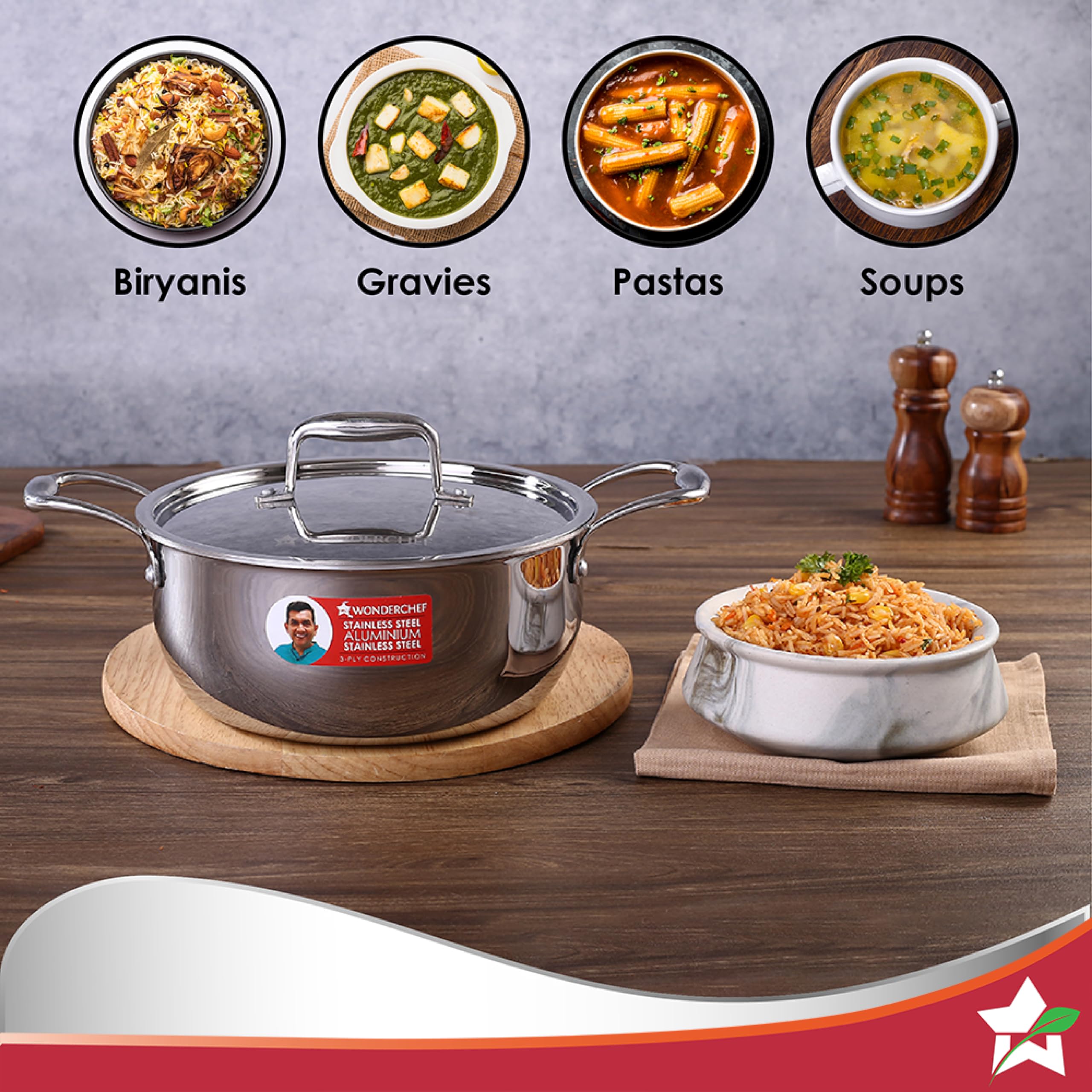 Wonderchef Nigella 24cm Tri-Ply Stainless Steel Casserole | 4.8L