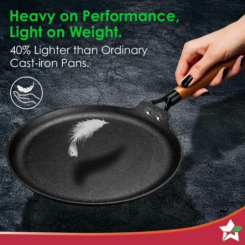 Wonderchef Ferro Light-Weight Cast-Iron Dosa Tawa, 26cm, 40% Lighter, Pre-Seasoned with 100% Vegetable Oil, Non-Toxic, Chemical-Free, Induction-Friendly, Long Cool-Touch Wood Handles, 10-Yr Warranty