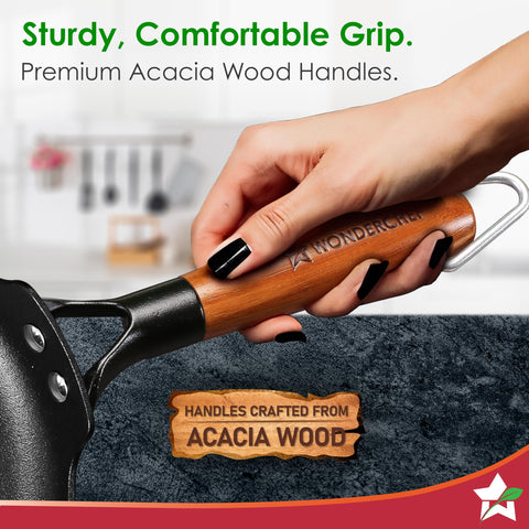 Wonderchef Ferro Light-Weight Cast-Iron Dosa Tawa, 26cm, 40% Lighter, Pre-Seasoned with 100% Vegetable Oil, Non-Toxic, Chemical-Free, Induction-Friendly, Long Cool-Touch Wood Handles, 10-Yr Warranty