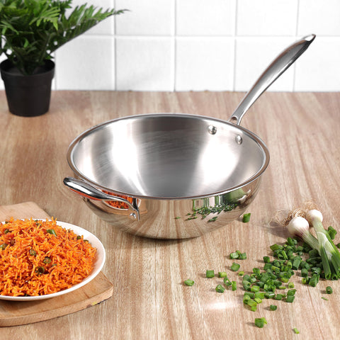 Vinod Platinum Triply Stainless Steel Wok - 26 cm | Riveted Handle | Stir, Shallow Fry/Noodles/Curry/Fried Rice | Induction Base | 5 Year Warranty - Silver