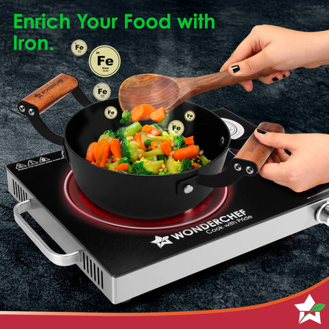 Wonderchef Ferro Light-weight Cast-iron Deep Kadhai, 20cm, 40% Lighter, Pre-seasoned with 100% Vegetable Oil, Non-toxic, Chemical-free, Induction-friendly, Long Cool-touch Wood Handles, 10-Yr Warranty