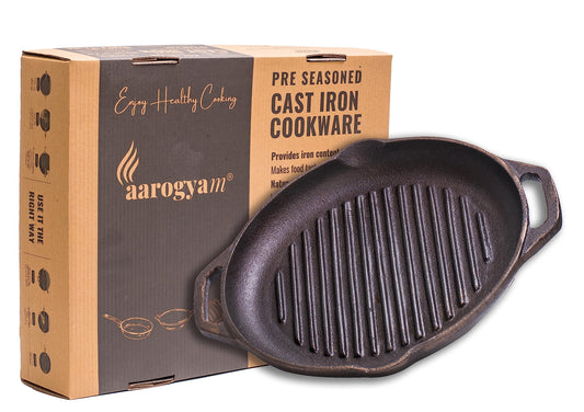 Aarogyam Cast Iron Grill Pan – 10-inch (25 cms) | Round| Short Double Handle | Pre-Seasoned | Gas & Induction Compatible | Non-Toxic | Naturally Non-Stick | Oven Safe (2.2 Kgs)