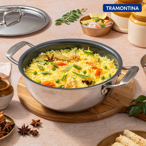 Tramontina FUSAO EX+ 26cm/4.7L Ceramic Coated Triply Stainless Steel Deep Kadai with Lid | Kadhai for Curry, Deep-Fry, Stir-Fry | Gas/Induction Compatible Cookware | NSF Certified | 10 Yr Warranty*