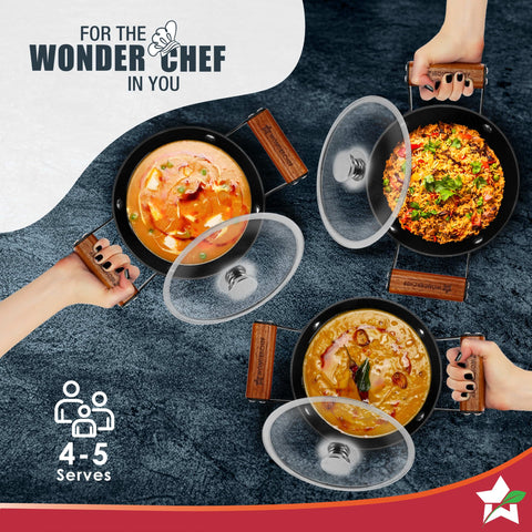 Wonderchef Ferro Light-Weight Cast-Iron Casserole & Glass Lid, 24cm, 40% Lighter, Pre-Seasoned with 100% Vegetable Oil, Chemical-Free, Induction-Friendly, Long Cool-Touch Wood Handles, 10-Yr Warranty