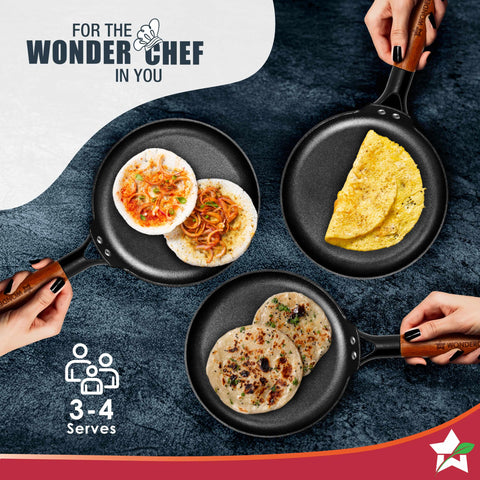 Wonderchef Ferro Light-Weight Cast-Iron Dosa Tawa, 26cm, 40% Lighter, Pre-Seasoned with 100% Vegetable Oil, Non-Toxic, Chemical-Free, Induction-Friendly, Long Cool-Touch Wood Handles, 10-Yr Warranty