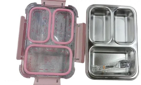 JAYPEE Stainless Steel Inner Exteel Insulated Three Cavity Lunch Box, Lunch Box Suitable for School, Offices and picnics, Microwave Safe Pink, 600 ml (Green)