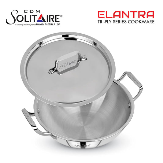 CDM SOLITAIRE Elantra Triply Stainless Steel Kadai with SS Lid Kadhai 28 cm, Triply, Stainless Steel, Induction Bottom