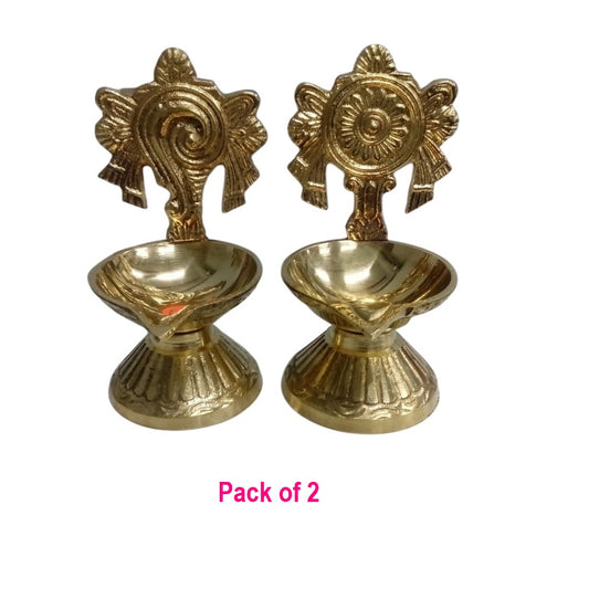 Brass Antique Stand Shankhu Chakra Diyas Brass (Pack of 2) Table Diya