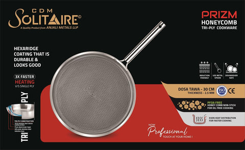 CDM SOLITAIRE Prizm Honey Comb Triply Stainless Steel Dosa Tawa - 28 cm | 2.5 mm Thick | Hexa Design | Metal Spoon Friendly | Riveted Handle | Gas, Induction Base | 5-Year Warranty