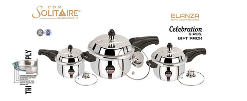 CDM Solitaire Celebration Combo Try-Ply Belly 1.5,3 & 5 Ltr. Pressure Cooker Stainless Steel Outer Lid with Extra 3 Glass Lid, Induction and Gas Base, ISI Certified, 5 Years Warranty