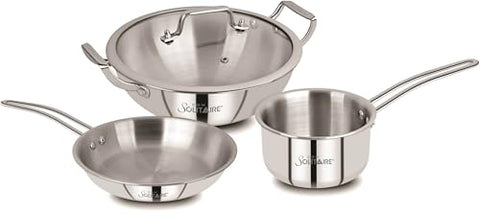 CDM Solitaire Trio Set Triply Stainless Steel 3Pcs Induction Cookware Set, Tea Pan 14cm, Frypan 22cm, Kadai with Lid 22cm, Even & Fast, Induction & Gas Ready, 5 Yrs Warranty by Manufacturer