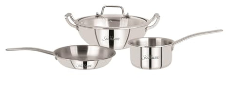 CDM Solitaire Trio Set Triply Stainless Steel 3Pcs Induction Cookware Set, Tea Pan 14cm, Frypan 22cm, Kadai with Lid 22cm, Even & Fast, Induction & Gas Ready, 5 Yrs Warranty by Manufacturer