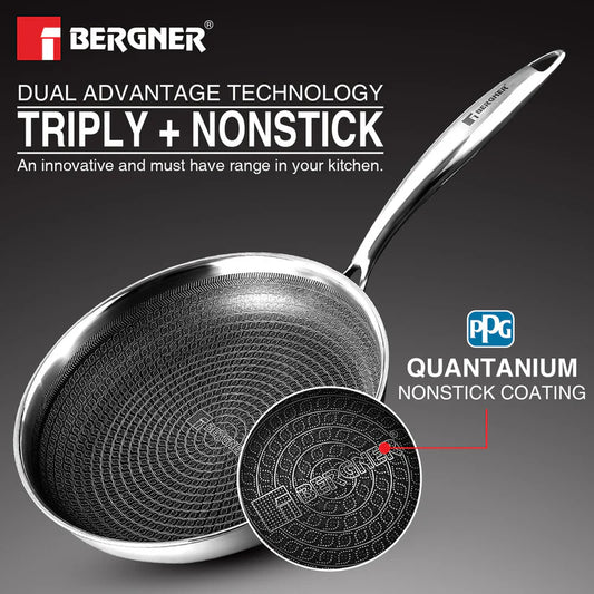 Bergner Hi-Tech Triply Stainless Steel 18cm Frypan, Honeycomb Non-Stick Coating Frying Pan, Non-Toxic, Healthy Cooking, Less Oil Use, Durable Handle with Excellent Grip - Induction and Gas Stove Ready