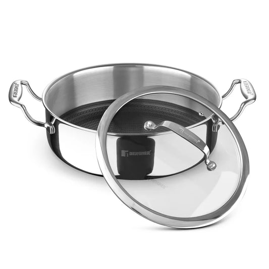 Bergner Hi-Tech TriPly Stainless Steel 24cm (3.3 L) Serving Pan with Glass Lid, Honeycomb Non-Stick Coating, Non-Toxic, Healthy, Less Oil Use, Durable Handles, Excellent Grip - Induction and Gas Ready