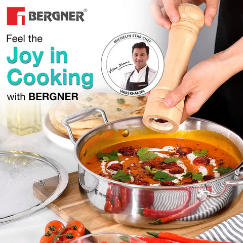 Bergner Hi-Tech Giro x Triply with Honeycomb Healthy Ceramic Coating Serving Pan 24cm (3.3L) with Lid, Metal Spatula Safe, PFOA/PTFE/PFAS Free, Non Toxic - Induction Bottom