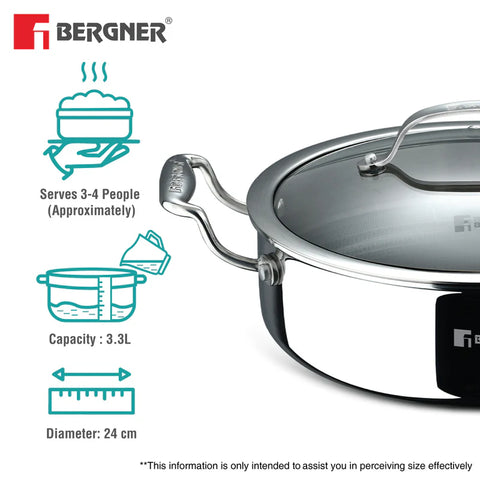Bergner Hi-Tech Giro X Ceramic 28 cm (5.7 L) Serving Pan, Ceramic Coating, Metal Spatula Safe, PFOA/PTFE/PFAS Free, Pan Protector Included - Induction Bottom