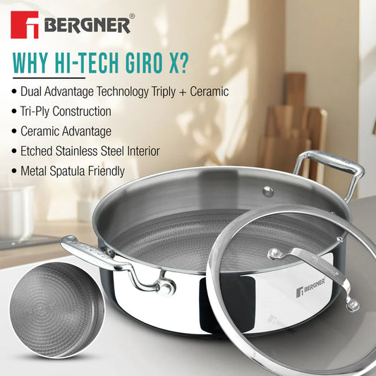Bergner Hi-Tech Giro x Triply with Honeycomb Healthy Ceramic Coating Serving Pan 24cm (3.3L) with Lid, Metal Spatula Safe, PFOA/PTFE/PFAS Free, Non Toxic - Induction Bottom