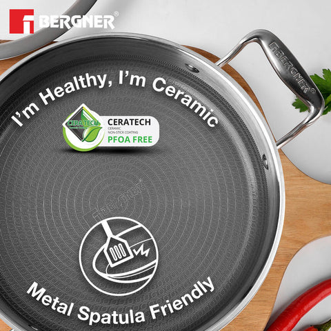 Bergner Hi-Tech Giro x Triply with Honeycomb Healthy Ceramic Coating Serving Pan 24cm (3.3L) with Lid, Metal Spatula Safe, PFOA/PTFE/PFAS Free, Non Toxic - Induction Bottom