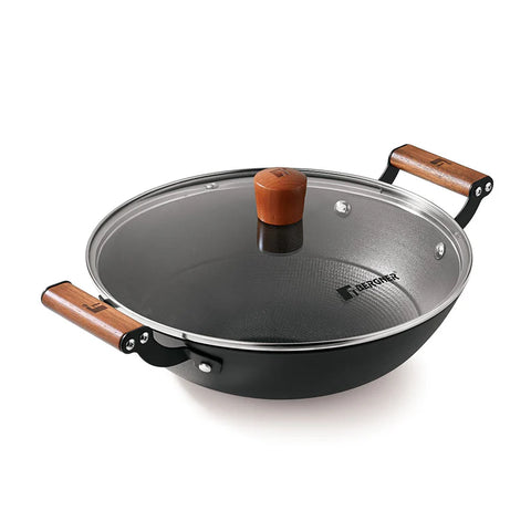 Bergner Odin 24cm Pure Iron Kadai/Kadhai with Glass Lid, 2.2 L Capacity, For Deep-Fry/Stir-Fry/Curry/Roast/Grill/Serving, Lightweight and Rust Proof Iron, Enamel Finish, Induction Bottom and Gas Ready