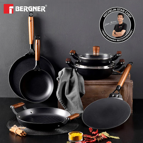 Bergner Odin 24cm Pure Iron Kadai/Kadhai with Glass Lid, 2.2 L Capacity, For Deep-Fry/Stir-Fry/Curry/Roast/Grill/Serving, Lightweight and Rust Proof Iron, Enamel Finish, Induction Bottom and Gas Ready