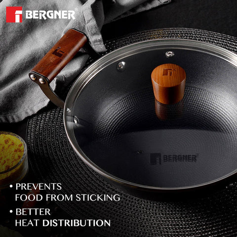 Bergner Odin 24cm Pure Iron Kadai/Kadhai with Glass Lid, 2.2 L Capacity, For Deep-Fry/Stir-Fry/Curry/Roast/Grill/Serving, Lightweight and Rust Proof Iron, Enamel Finish, Induction Bottom and Gas Ready