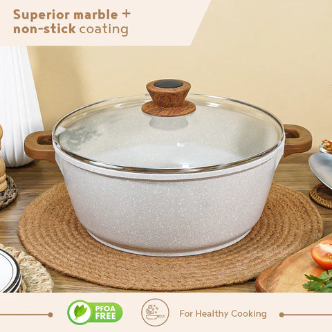 Bergner Naturally Cast Aluminum 28cm Casserole with Glass Lid, 5.5 Liters Non-Stick Casserole, Marble Coating, Induction Bottom & Gas Stove Ready, Soft Touch Handle, Comes with Non-Woven Trivet