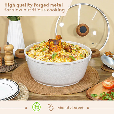 Bergner Naturally Cast Aluminum 28cm Casserole with Glass Lid, 5.5 Liters Non-Stick Casserole, Marble Coating, Induction Bottom & Gas Stove Ready, Soft Touch Handle, Comes with Non-Woven Trivet