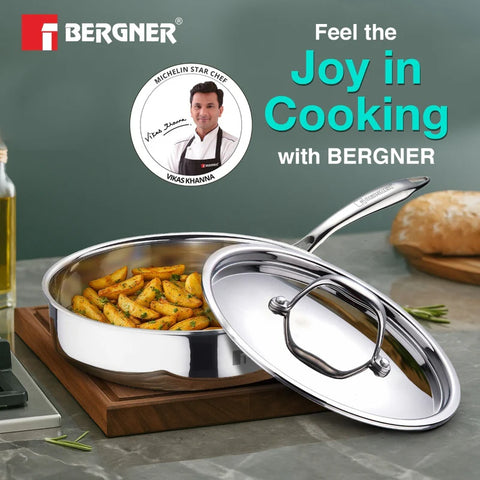 Bergner Argent Tri-Ply Stainless Steel Sautepan 22 cm / 1.8 L with Lid – Stay Cool Handle, Less Oil Use, Healthy Cooking (BG-6329)