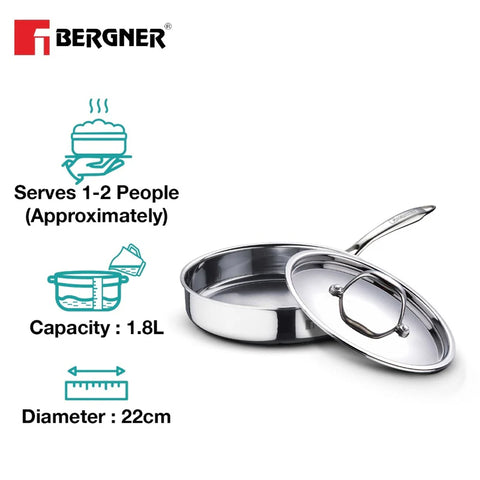 Bergner Argent Tri-Ply Stainless Steel Sautepan 22 cm / 1.8 L with Lid – Stay Cool Handle, Less Oil Use, Healthy Cooking (BG-6329)