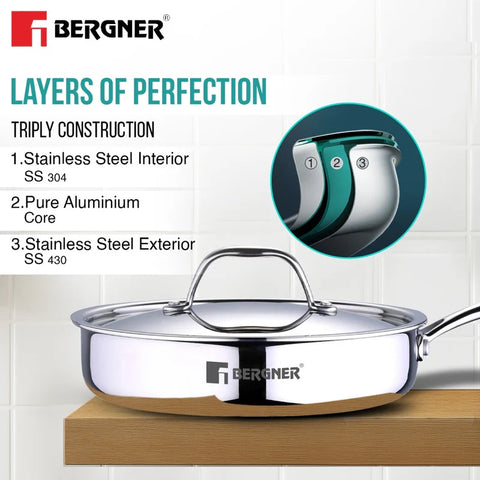 Bergner Argent Tri-Ply Stainless Steel Sautepan 22 cm / 1.8 L with Lid – Stay Cool Handle, Less Oil Use, Healthy Cooking (BG-6329)