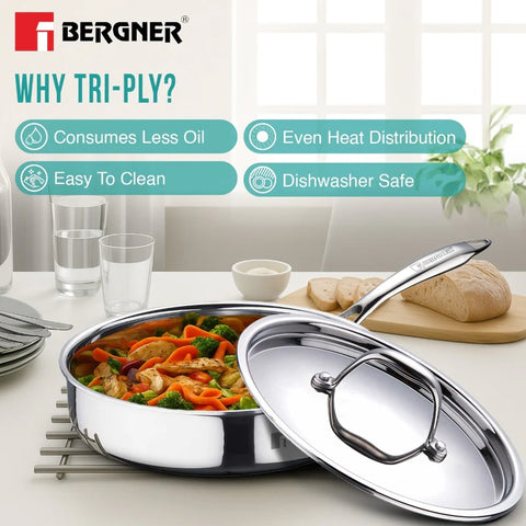 Bergner Argent Tri-Ply Stainless Steel Sautepan 22 cm / 1.8 L with Lid – Stay Cool Handle, Less Oil Use, Healthy Cooking (BG-6329)