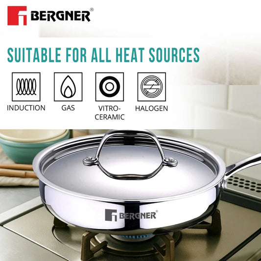 Bergner Argent Tri-Ply Stainless Steel Sautepan 22 cm / 1.8 L with Lid – Stay Cool Handle, Less Oil Use, Healthy Cooking (BG-6329)
