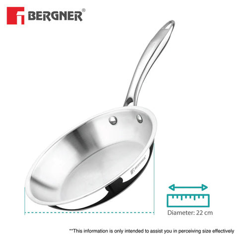 Bergner Argent Tri-Ply Stainless Steel Frypan 22 cm (BG-9947) – Scratch Resistant, Less Oil Use, Stay Cool Handle, Easy to Clean