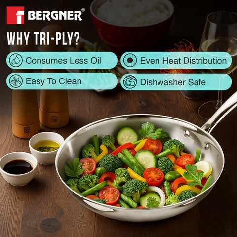 Bergner Argent Tri-Ply Stainless Steel Frypan 22 cm (BG-9947) – Scratch Resistant, Less Oil Use, Stay Cool Handle, Easy to Clean